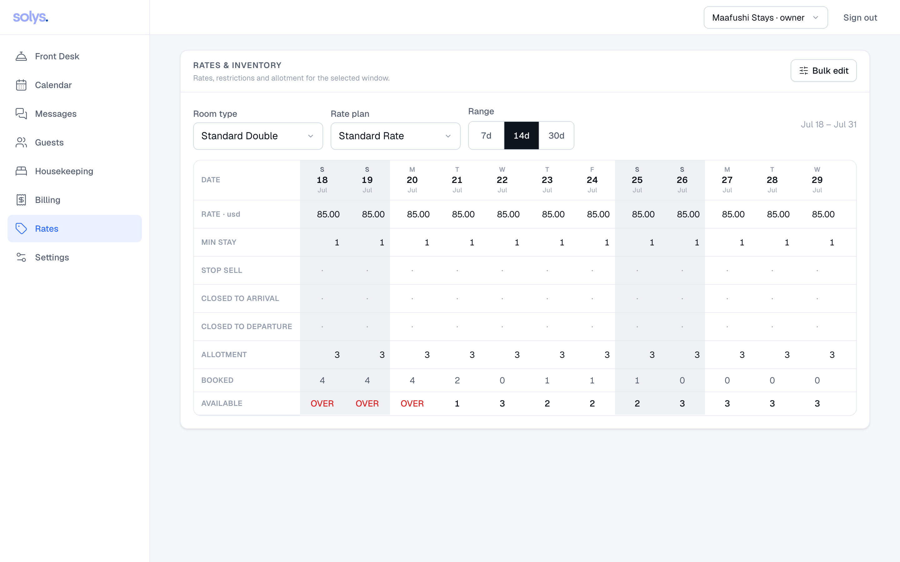 Rates and inventory grid