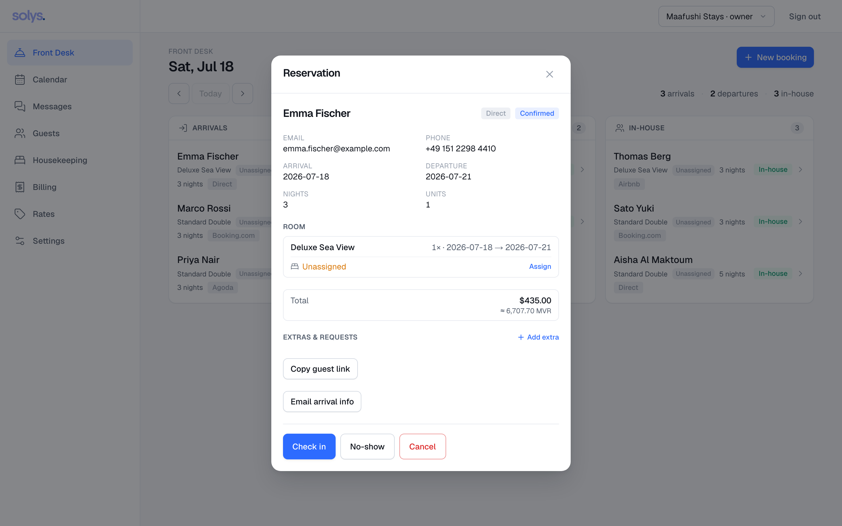 Reservation sheet with check-in actions
